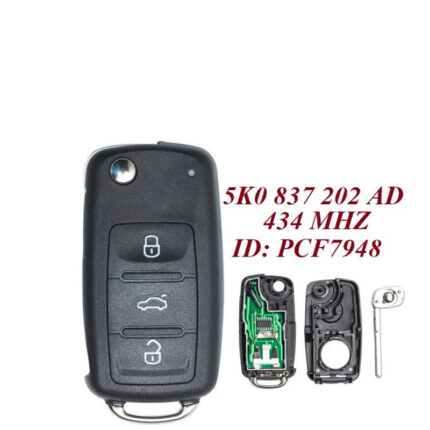 Télécommande Universelle 3 Boutons pour VW CADDY EOS GOLF JETTA BEETLE POLO TIGUAN TOURAN, 434 Mhz , Transpondeur PCF7948 smart - carmatech