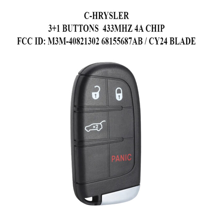 Télécommande à 3 boutons + 1 boutons  , 433 Mhz , Transpondeur PCF7938x / ID4A , Pour C-HRYSLER - carmatech